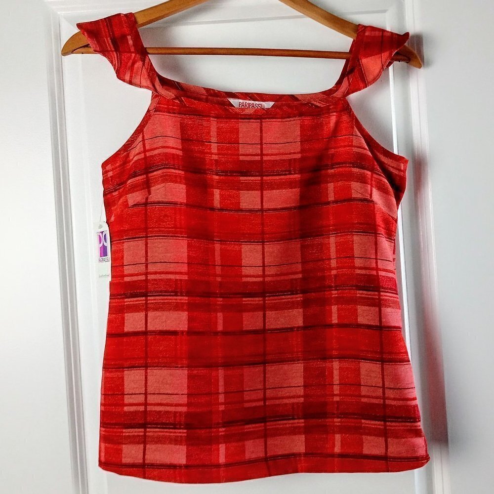 Pari Passu Red Plaid Cold Shoulder Flutter Sleeve Top NWT